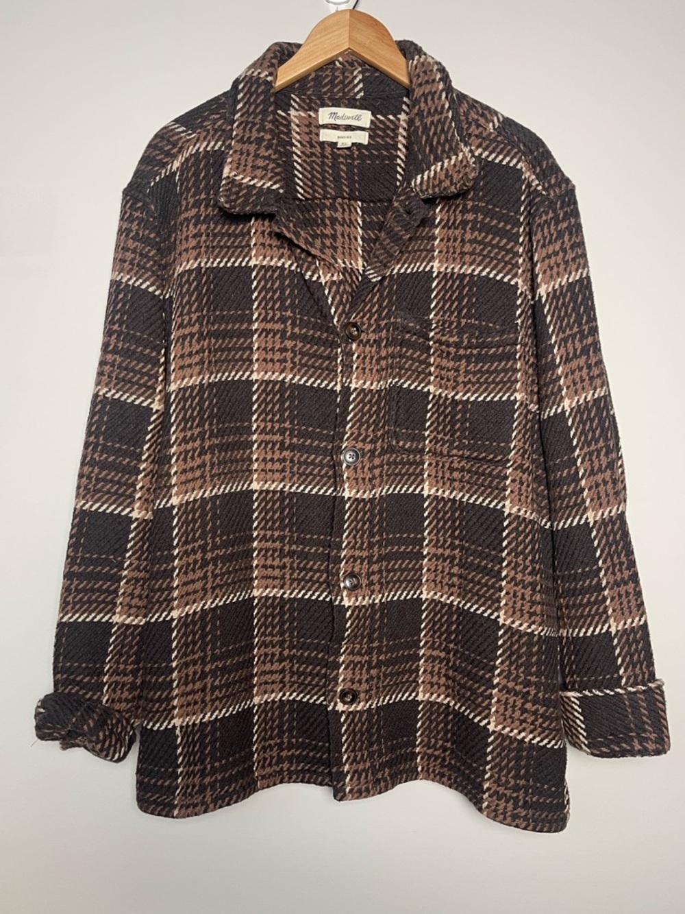 Madewell | Brown Plaid Twill Knit Boxy Button Front Shacket XL